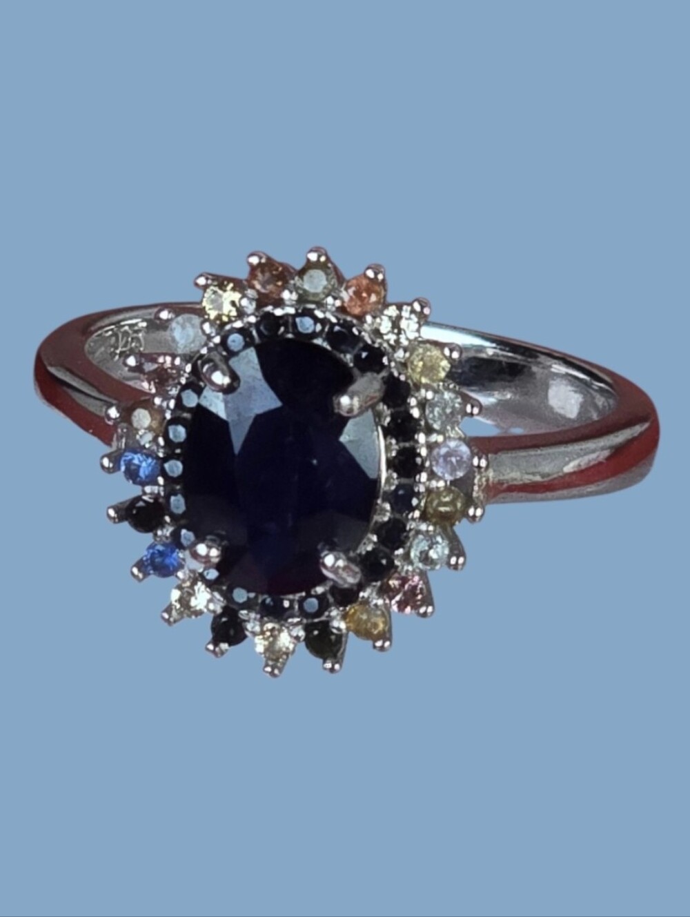 925 Sterling Silver Ring SZ 7 with Natural Blue & Multicolor Sapphire Gems